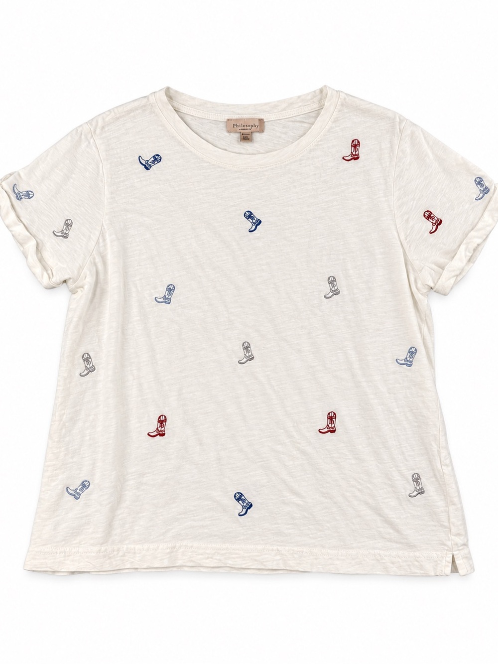 Philosophy Cream Short Sleeve Tee with Red, Blue & Gray Boot Embroidery